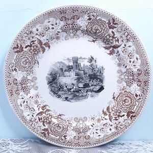 9" Villeroy & Boch Castle Lunch Dinner Plate Black & Brown Transferware White